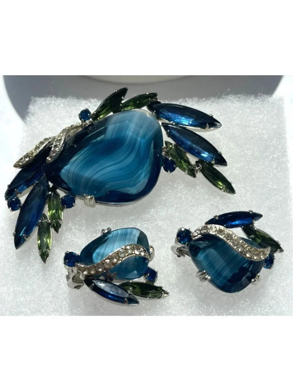 Vtg Blue Glass Givre & Navette Open Back Stones Rhinestone Brooch & Clip-On Earr
